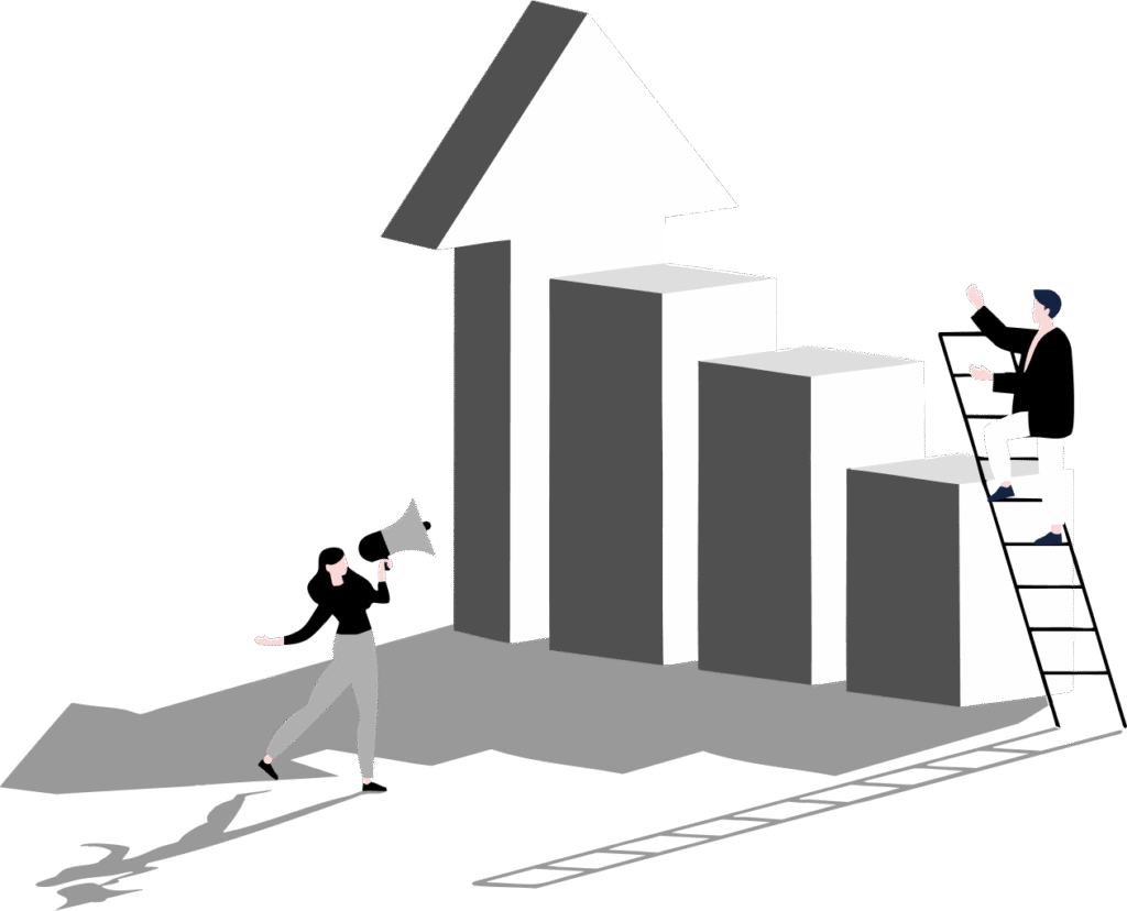 Graphic of man climbing a ladder to travel up a growth chart in Business Growth Consulting
