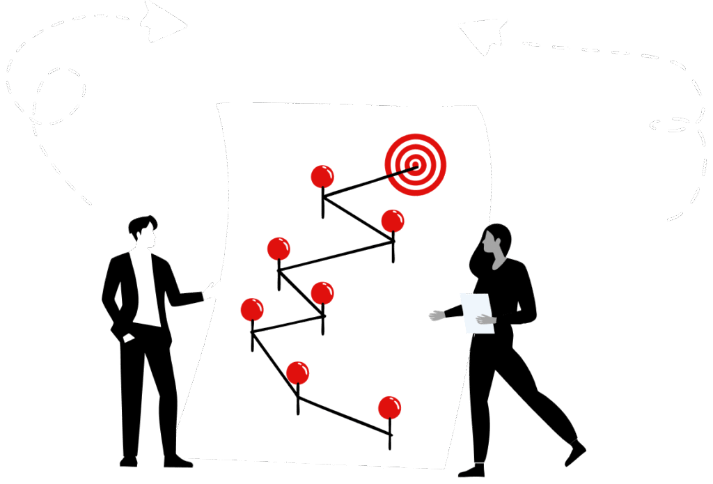 Cartoon graphic of man and woman standing next to points for organizational development
