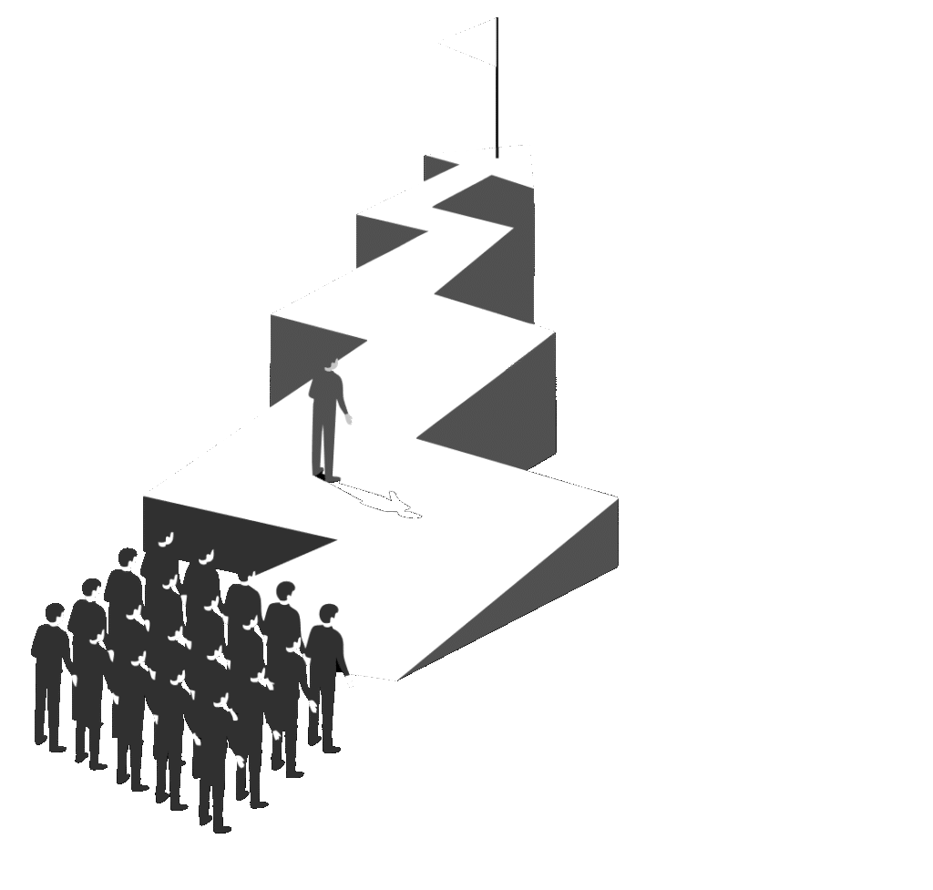 Graphic of a group of people standing at the bottom of a mountain shaped arrow. One person climbing to the top of the industry
