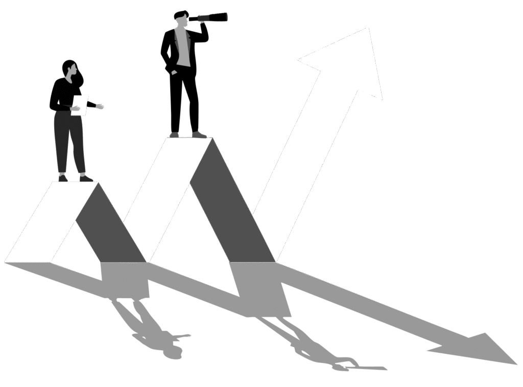 Cartoon image people standing on an arrow pointing up showing a visual representation of personal and professional development